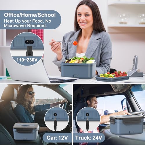 Image of Herrfilk 100W Electric Lunch Box Adults, 1.8L Thermal Lunch Box with Compartments, Heated Lunchbox with 230V Home /Office & 12V 24V Car /Truck Cables, Insulated Lunch Bag, Spoon and Fork, Dark Blue