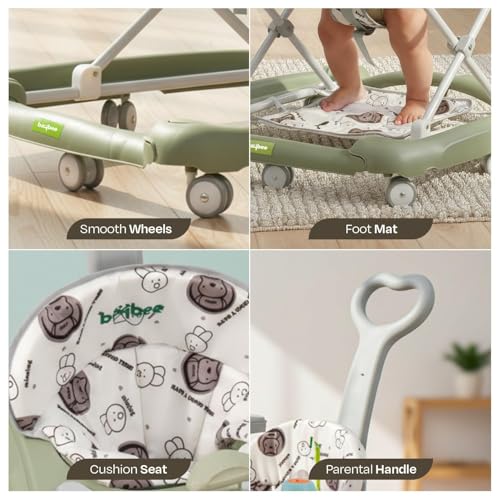 Image of Baybee 3-in-1 Convertible Baby Walker for 6-18 Months with Rocking Mode, Removable Toy Bar, Inbuilt Music, 3-Level Height Adjustment, Smooth Wheels & Parental Handle | Foldable Infant Activity Walker with Cushioned Seat (Green)