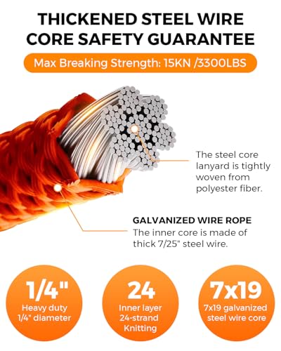 Image of Steel Wire Core Flipline, Fall Protection Arborist Positioning Lanyard Kit | Arborist Flip Line Tree Climbing Gear with Swivel Snap Hook, Triple Lock Carabiner & Rope Grab Adjuster