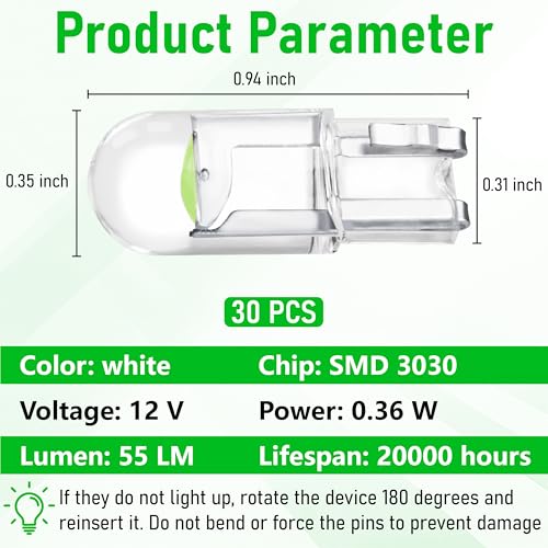 Image of ecocstm 30 PCS Car 194 LED Bulbs, 168 2825 W5W T10 Wedge COB LED Replacement Bulb, Error Free Interior Bulb for Dashboard Light, Dome Lights (Green)