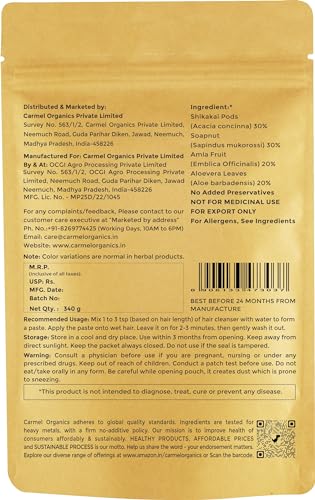 Image of CARMEL ORGANICS Herbal Hair Cleanser Powder 340 Grams Blend of Soapnut,Shikakai,Amla & Aloevera Powder | Nourishes the Scalp and Hair With Essential Nutrients | Natural |