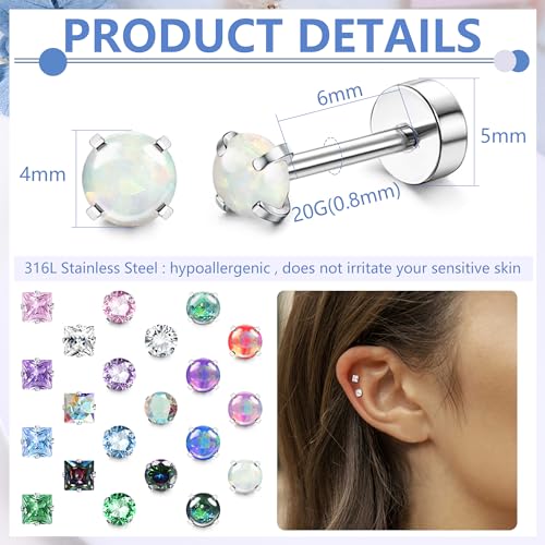 21Pairs Hypoallergenic Surgical Steel Earrings - Flat Back Stud Earrings for Women Men - 20G Small Flatback Stud Earrings - Screw Back Cartilage Earring Sets for Multiple Piercing2