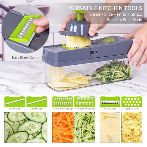 Vegetable Chopper Slicer Dicer 14-in-1 Fruits Cutter Mandoline Slicer Food Chopper/Cutter with 8 Stainless Steel Blades, Adjustable & Dicer with Storage Container Grey - Image 6