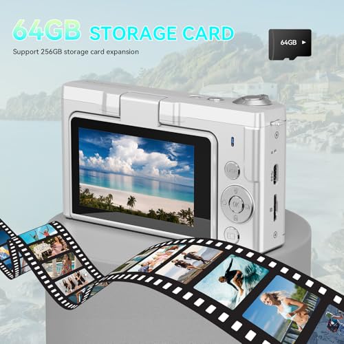 Image of 4K Digital Camera for Photography,64MP Vlogging Camera for YouTube with 3 inch 180 Flip Screen,18X Digital Zoom Point and Shoot Camara with 64GB Micro SD Card (White)