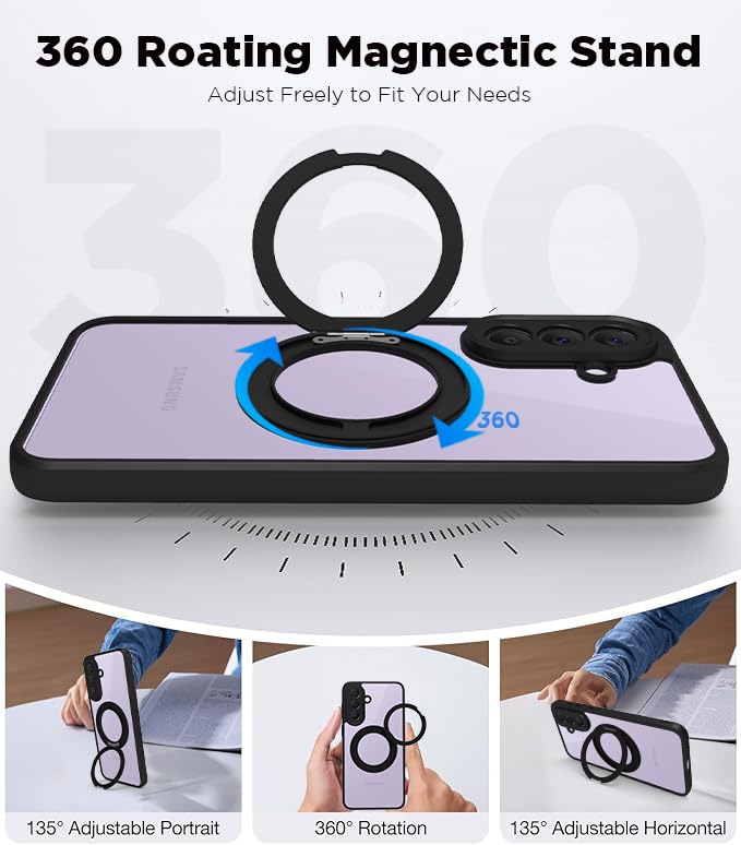 Image of RIGGEAR Shockproof Sleek Hybrid Armor 360 Rotating Magnetic Ring Stand Back Cover Case Compatible with MagSafe Accessories for Samsung Galaxy A37 5G (Clear PC + Black TPU Bumper)