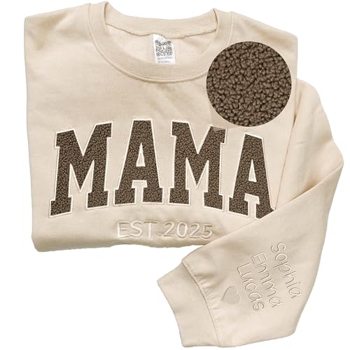 Personalized Embroidered Mama Mom Sweatshirt With Kid Names On Sleeve Faux Fur Text, Mothers Day Crewneck, Gifts For Mama Grandma, Customized Mom Sweatshirt, Mommy Sweatshirt For Women