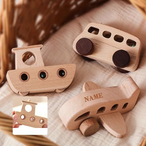Image of Wooden Cars for Toddlers 1-3, Wooden Vehicles Baby Cars Set with Bus, Airplane and Boat, Montessori Rattle Toys with Rolling Beads, Ideal for Boys and Girls