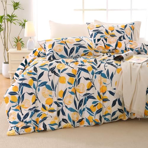 Image of MUXHOMO Lemon Blossom Full Comforter Set, Elegant Floral Print Bed in a Bag 7 Pieces, Ultra Soft & Breathable Reversible Botanical Pattern Bedding Set with Comforter, Sheets, Pillowcases, and Shams