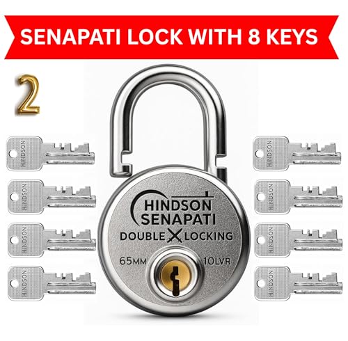 Image of HINDSON Same Key Lock Senapati 65mm Double Locking Padlock Pack of 2 with 10 Lever Security and 8 Same Keys | Heavy Duty Lock and Key for Home, Door and Gate Use