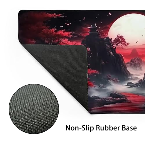 Image of Black Red Japanese Mouse Pad XL Moon Sakura Cherry BLoosm Tree Extended Table Mat 80X30 cm Non-Slip Rubber Base Stitched Edge Large XL Mousepad for Desk Gaming Laptop Desk Top,31.5x11.8 Inch