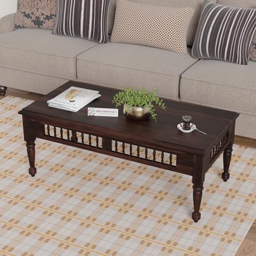 Image of Jangid Handicraft Solid Wood Coffee Table for Living Room | Wooden Center Table | Rectangular Coffee Table | Tea Table for Sofa | Modern Sofa Table for Hall | Sheesham, Walnut Finish