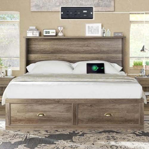 Image of AMERLIFE Queen Size Murphy Bed, Farmhouse Wooden Cabinet with Charging Station and Storage Drawer for Bedroom /Office /Guest Room, Grey Oak