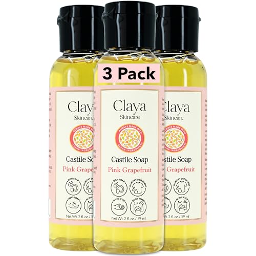 Image of Claya Pink Grapefruit Liquid Castile Soap - Organic Ingredients, Biodegradable, Gentle for Sensitive Skin, Versatile Use and Travel Size (3 Pack of 2 fl oz)