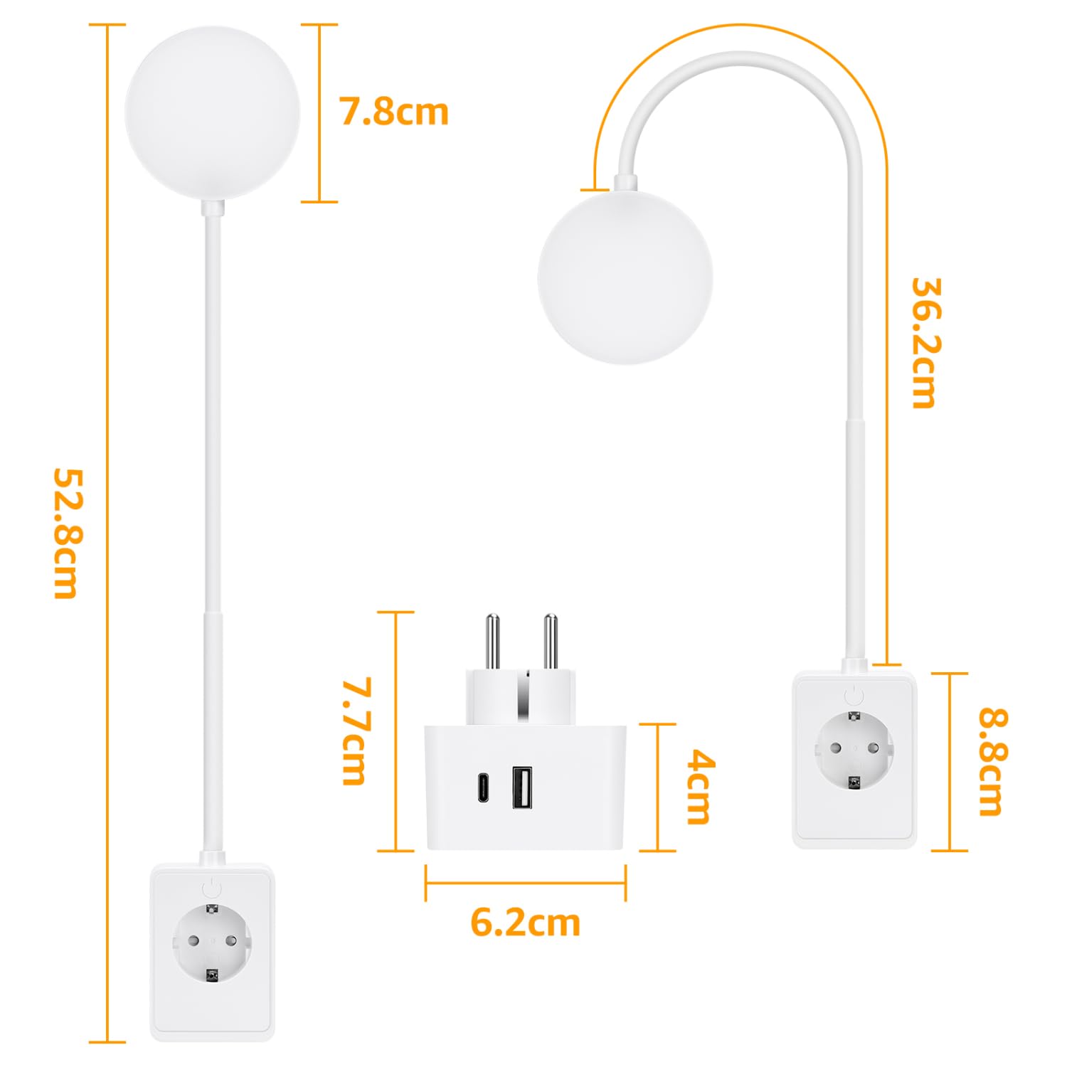 Aigostar LED Wandleuchte mit Stecker und Steckdose, Schlafzimmer Steckdosenlampe Touch-Dimmer, 3 Lichtfarben, Leselampe mitTyp C/USB Ladeanschluss, 360° flexibler Hals, Weiß