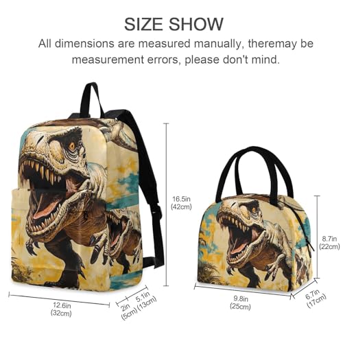Backpack Lunch Bag Set Roaring Dinosaur Print, Big Storage Travel Backpacks with Insulated Lunch Box for Office Hiking Picnic2