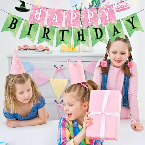 Image of Hooqict Happy Birthday Banner Pink and Green Birthday Party Decorations Princess Witch Party Banner Garland Sign for Kids Girls Night Galentine's Day Green and Pink Witch Theme Party Decorations