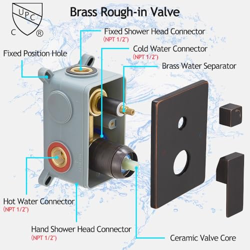 Image of Oil Rubbed Bronze Shower System, 8 Inch High Pressure Rain Shower with Handheld, Wall Mount Shower Faucet Set for Bathroom, Rough-in Valve Body and Trim Included