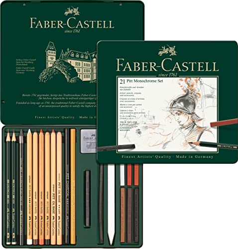 Faber-Castell 112976 - Estuche de Metal con 21 piezas - Surtido de Carbonos - Grafitos - Ecolápices - Tizas