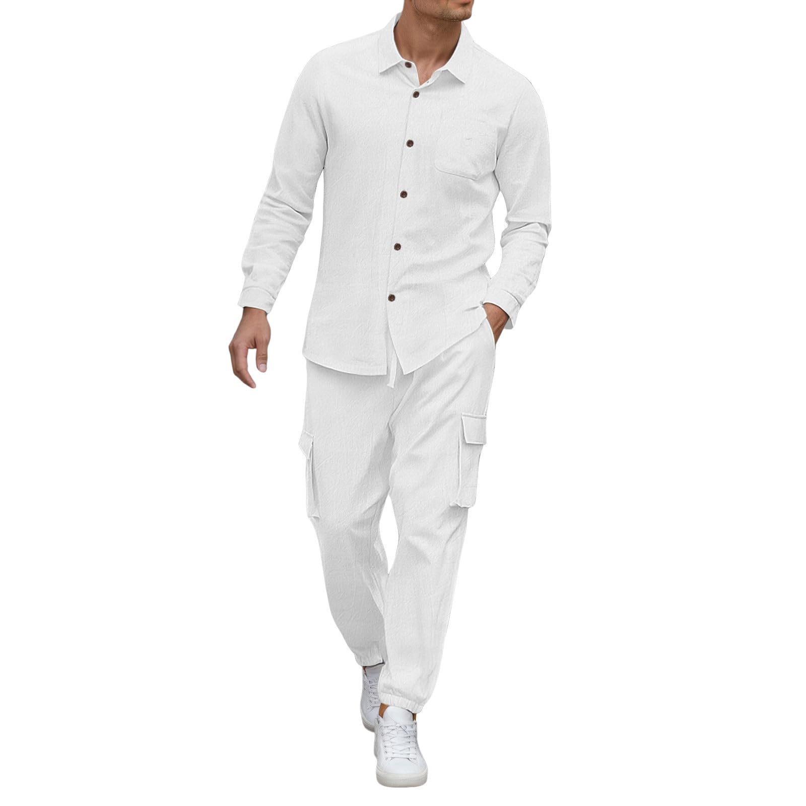 Herren Leinenanzug-Set, lässiges Langarmhemd mit Arbeitshose, bequemes atmungsaktives Outfit, ideal für Alltag, Partys und Urlaub_1