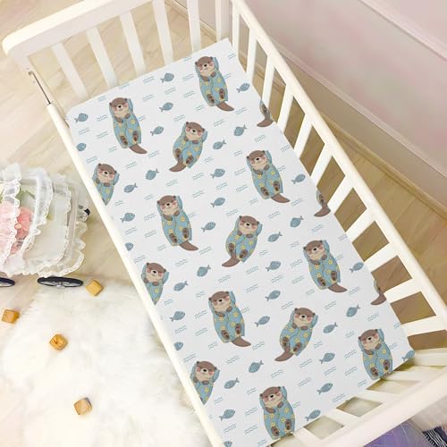 Image of Otter Fish Flowers White Fitted Crib Sheet for Boys Girls Baby Pack n Play Sheets Fitted for Toddler Girl Boy,52 X 28 in
