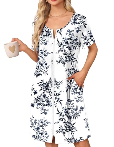 Ekouaer Womens' Zipper Robe Short Sleeve Bathrobes Summer Sleepwear Soft Housecoat with Pockets Zip Up House Robes Floral White XXL