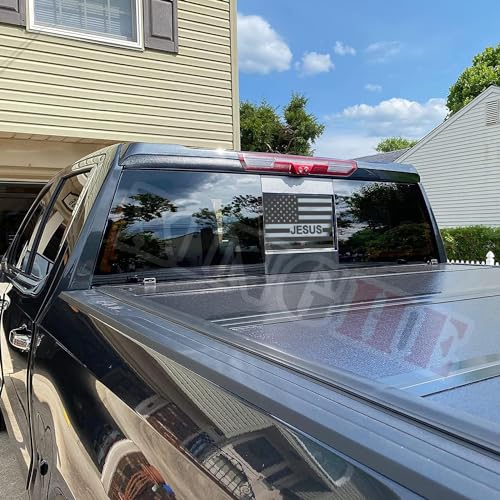Image of Xinghe for 2019-2026 Chevy Silverado GMC Sierra, Rear Middle Window Jesus American Flag Decals Stickers, Matte Black Vinyl Sticker for Center Sliding Back Window, Patriotic Truck Accessory