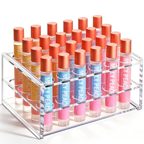ProtectHobby Acrylic Rollerball Perfume Organizer 24 Holes mini fragrances Holder Travel Perfume Vial and Tall Scented Oil Storage Display Rack
