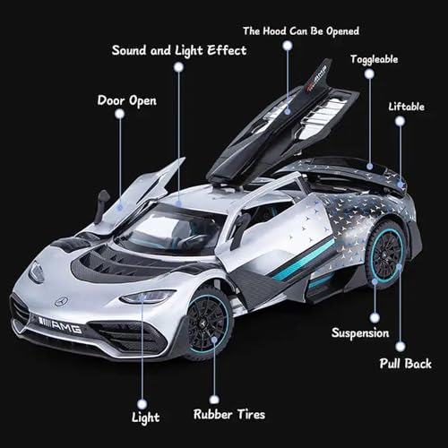 Image of 1:24 AMG ONE Diecast Metal Car Pull Back Alloy Model Toy with Openable Doors Lights & Sound Realistic Collectible Supercar Gift for Kids Boys & Car Enthusiasts (Green)