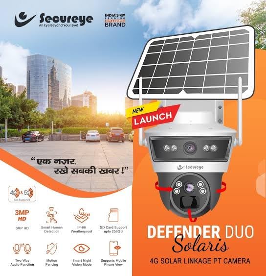 Image of Secureye Pelican Series Defender Duo Solaris, Indoor /Outdoor Security Camera, 3MP+3MP Dual Lens, 4G Solar Powered, Two-Way Talk, 256GB Storage Support