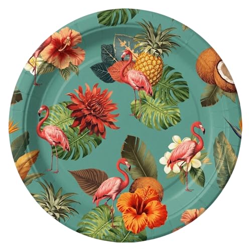 Image of Potluck Flamingo Grove Disposable Paper Plates | Pack of 10 | 9 Inch Strong Leakproof Food Grade Plate for Parties, Events, Snacks, Kids Animal Theme Party & Meal Serving Pack