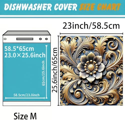 Image of HOMETITUTE Baroque Floral Magnetic Dishwasher Cover 23x26 Inch Gold Flower Embossed Panel Decorative Magnet Sticker for Kitchen Appliance Fridge Refrigerator Door Home Decoration Metal Surface Wrap