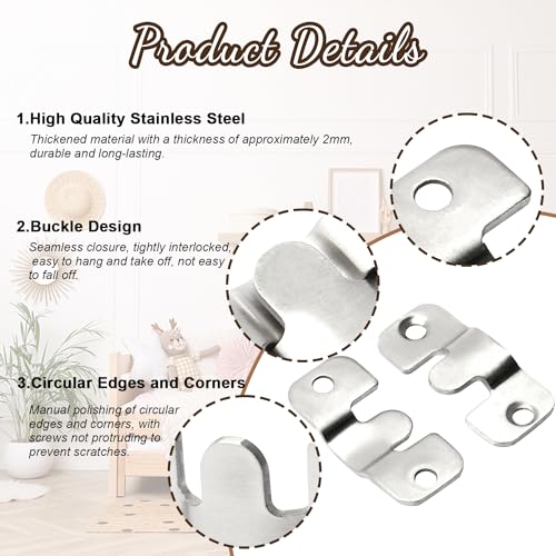 Image of Nails for Hanging Pictures,Picture Hooks 20PCS Flush Mount Bracket 1.69 inch x 0.75 inch Interlocking Photo Frame Hook Stainless Steel Wall Mount Clip Hook for Picture Display Art Gallery Wall Mount Hardware