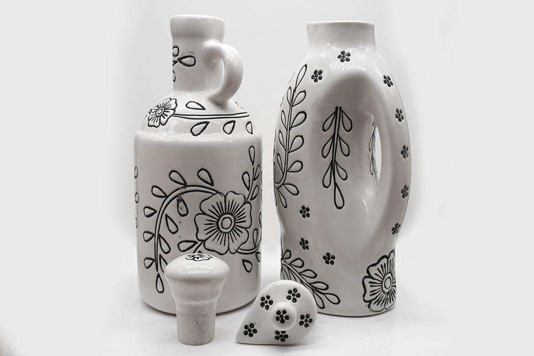 Kraftlik Handicrafts Ceramic Oil Dispenser Gol | Pack of 2 | White | 1000 ml Each