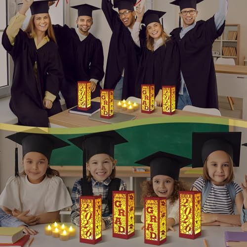 Image of Rossesay 6 Pcs Graduation Table Centerpieces Boxes Class of 2026 Graduation Lanterns for Centerpieces with LED Candles Congrats Grad School College Photo Props for Party Table Decoration (Chestnut)