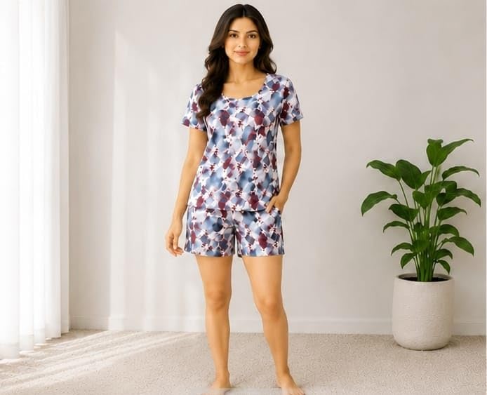 Printed Night Suit for Women, Loose Fit, Viscose Rayon, Short Sleeve Top with Nikkar Set (Pink, M)-image-47
