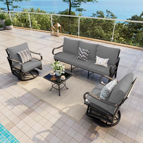Image of 4 Pieces Outdoor Furniture Set, Patio Conversation Set with Swivel Rocking Chairs Sets and 3-Seater Couch Sofa for Deck, Porch, Garden, Backyard, Poolside (Gray Cushions)