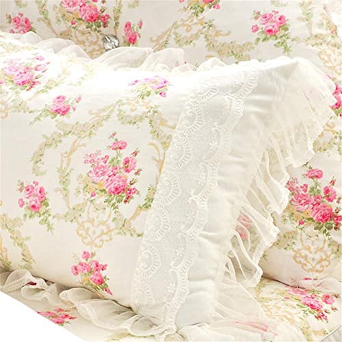 Zhuan Girls Bedding Set Lace Ruffle Duvet Cover Sets With Bed Skirt Princess Bedding Set Vintage Floral Print Duvet Cover Twin Size 4 Piece(California King,White) #TOP7