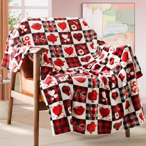 ALUNME Valentines Day Red Plaid Heart Throw Blanket, Summer Blanket Lightweight Soft Plush Couch Blanket for Living Room, Breathable Cozy Blanket for Holiday Decor and Summer Lounging, 50x60 inches