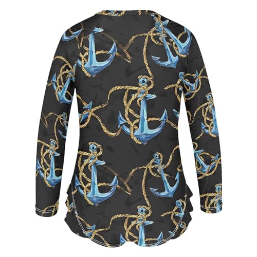 ALAZA Blue Anchor Black Girls One Piece Swimsuit Long Sleeve Rash Guard Swimsuits UV 50+ Swimwear Zipper3