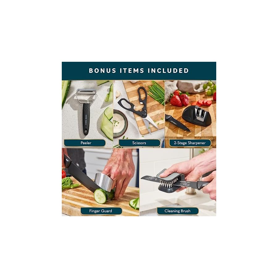 Home Hero Kitchen Knife Set with Sharpener - High Carbon Stainless Steel Knife Block Set with Ergonomic Handles (20 Pcs - Black)