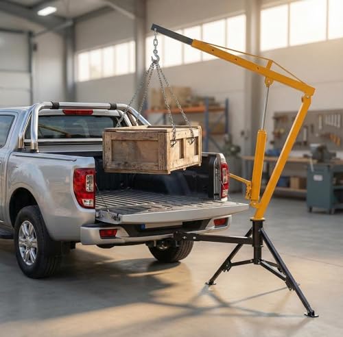 GarveeLife 1000 LBS Hydraulic Pickup Truck Crane 360 Swivel Hitch Mounted Hoist with 3 Adjustable Booms Truck Bed Crane for Lifting Engine Deer or Construction Goods-Yellow