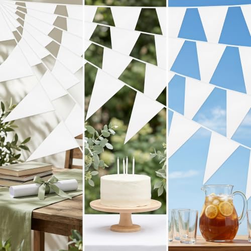 Image of 65FT White Glitter Triangle Pennant Banner Flag Metallic Bunting Fabric Garland for Christmas Graduation Wedding Engagement Anniversary Bachelorette Birthday Bridal Shower Valentine's Party Supplies