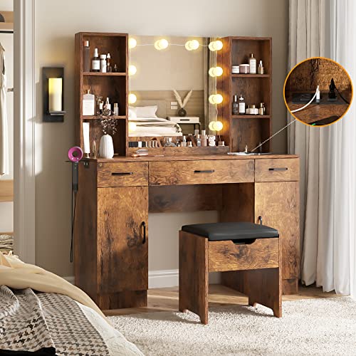 Vabches Makeup Vanity Desk with Lighted Mirror & Power Strip Large Brown Vanity Table Set Rustic Farmhouse Style with Storage Stool 3 Lighting Modes Brightness Adjustable 45.2in (W)