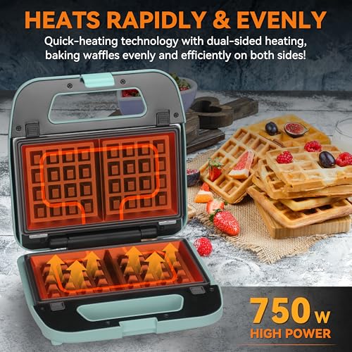 Image of Baker's Friend 3 in 1 Mini Waffle Maker with Removable Plates, Mini Pancake Maker, Grilled Cheese Maker, Breakfast Sandwich Maker Press, Indoor Grill, Belgian Waffle Maker, Aqua