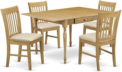 East West Furniture MZNO5-OAK-C - Juego de mesa de cocina de 5 piezas para 4 personas, incluye una mesa de comedor rectangular con gotas y 4 sillas
