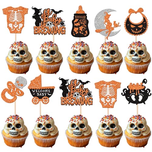 32 PCS Halloween Baby Shower Cupcake Toppers Glitter Welcome Baby Carriage Bottle A Baby is Brewing Cupcake Picks for Halloween Theme Baby Shower Birthday Party Cake Decorations Supplies Orange