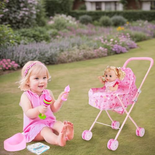 Cochecito de muñeca con voz interactiva y accesorios para juego de simulación portátil 4