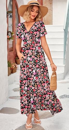 Image of WNEEDU Women's Summer Maxi Dress Short Sleeves Wrap V Neck Long Dresses with Pockets