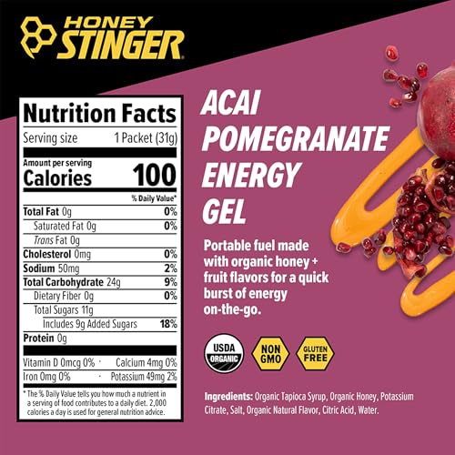 Image of Honey Stinger Organic Acai Pomegranate Energy Gel, Gluten Free & Caffeine Free, for Exercise, Running and Performance, Sports Nutrition for Home & Gym, Pre and Mid Workout, 24 Pack, 26.4 Ounce | sports-nutrition-endurance-and-energy-chews