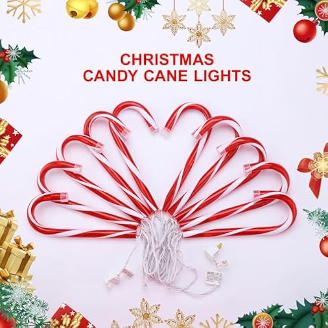 VCOKEN 10'' Christmas Candy Cane Pathway Markers Lights - Set of 10 Christmas Stakes Lights Outdoor Pathway Decorations, Connectable & Light Up Xmas Holiday Party Yard Art Indoor Outdoor Ornament